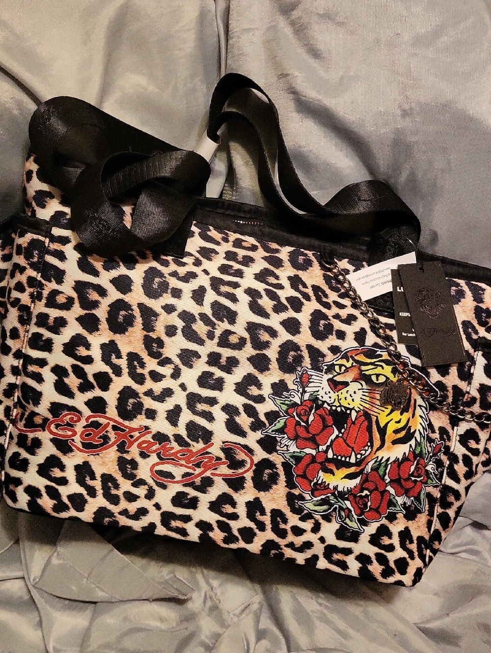 Ed Hardy Leopard Print Tote Lunch Bag with Tiger & Rose Embroidery - Black/Beige